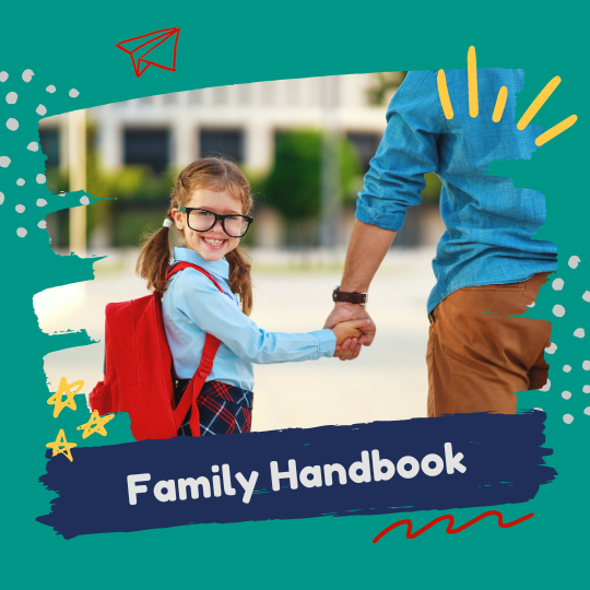  Girl smiling holding father's hand outside of school.